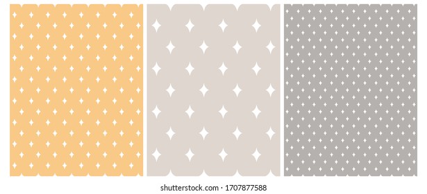 Set of 3 Geometric Seamless Vector Patterns. White Tiny Diamonds Isolated on a Yellow, Light Beige and Pale Brown Background. Minimalist Abstract Backdrop. Simple Rhombus Repeatable Print. 