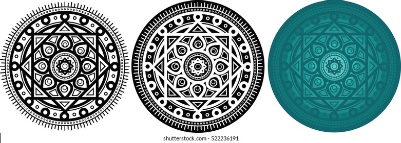 Set of 3 geometry mandals for coloring book. Round pattern