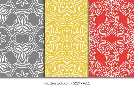 set of 3 geometry seamless pattern. abstract floral ornament. vector illustration. For design, wallpaper, background fills, card, banner. grey, red, orange color