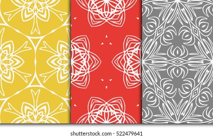 set of 3 geometry seamless pattern. abstract floral ornament. vector illustration. For design, wallpaper, background fills, card, banner. grey, red, orange color