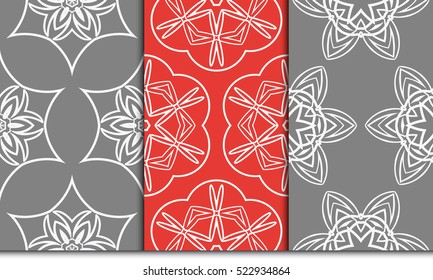 set of 3 geometry seamless pattern. abstract floral ornament. vector illustration. For design, wallpaper, background fills, card, banner. grey, red, orange color