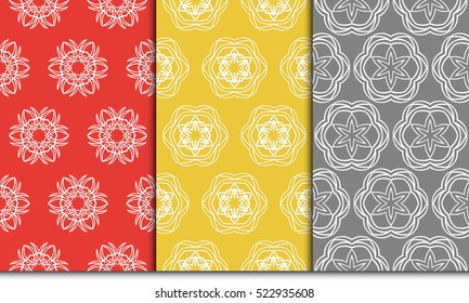 set of 3 geometry seamless pattern. abstract floral ornament. vector illustration. For design, wallpaper, background fills, card, banner. grey, red, orange color