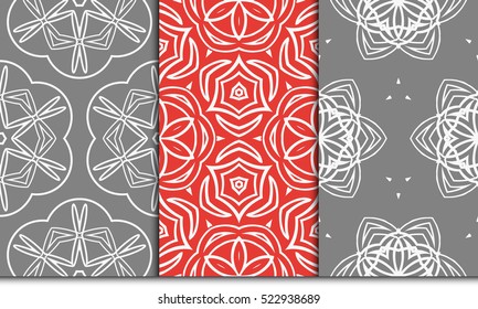 set of 3 geometry seamless pattern. abstract floral ornament. vector illustration. For design, wallpaper, background fills, card, banner. grey, red, orange color