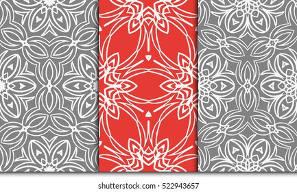 set of 3 geometry seamless pattern. abstract floral ornament. vector illustration. For design, wallpaper, background fills, card, banner. grey, red, orange color
