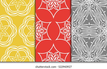 set of 3 geometry seamless pattern. abstract floral ornament. vector illustration. For design, wallpaper, background fills, card, banner. grey, red, orange color