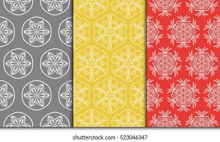 set of 3 geometry seamless pattern. abstract floral ornament. vector illustration. For design, wallpaper, background fills, card, banner. grey, red, orange color