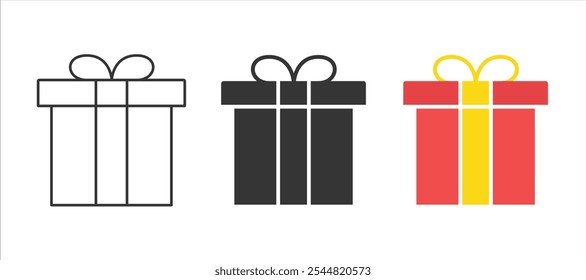 Set of 3 Gift Box Icons. Gift Box Icons in Outline, Black and White, and Color. Vector isolated elements. Christmas Gift Icon Vector. Vector Illustration. 