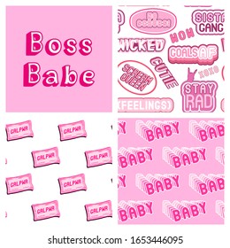 Set of 3 girly seamless patterns and vector card "Boss Babe". Pink feminine backgrounds with text patches: "Baby", "Girl power", etc.