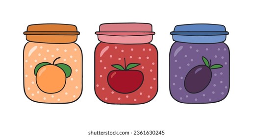 Set of 3 glass jars with fruit jam, confiture, marmalade. Apricot, apple, plum jam. Vector isolated on white. Fruit drink, compote. Home canning. Healthy vegan dessert. Vitamins. Eco organic fruits.