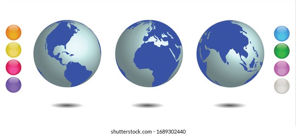 Set of 3 globes of earth. Realistic world map, hemispheres with continents. Eight colored spheres bonus. Vector Illustration EPS 10