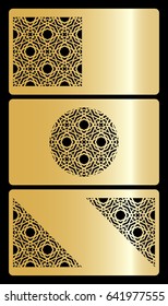 set of 3 gold color discount or business card. template for cut out. geometric ornament. vector illustration