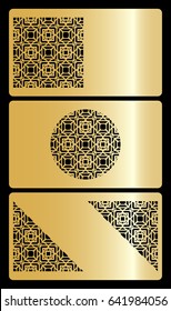set of 3 gold color discount or business card. template for cut out. geometric ornament. vector illustration