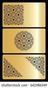 set of 3 gold color discount or business card. template for cut out. geometric ornament. vector illustration