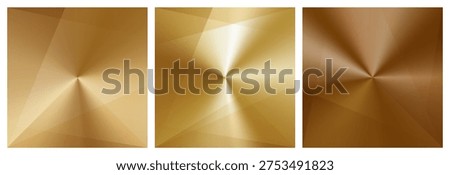 Set of 3 gold gradient square backgrounds, subtle transparent triangle shapes. Soft champagne, metallic gold color. Glossy foil shine. Elegant luxury backdrops for certificates, awards, premium design