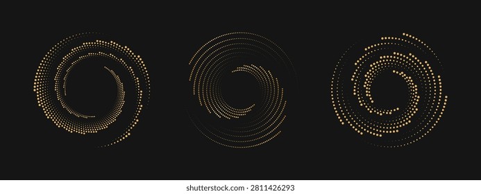 Set of 3 gold halftone dotted spiral elements