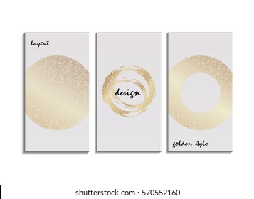 Set of 3 gold and white business card template or gift cards. Texture of gold foil. Luxury vector illustration. Easy editable template. Space for text. Vector