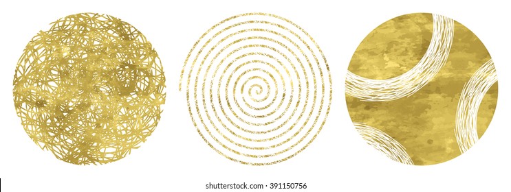 Set of 3 golden circles. Hand drawn isolated elements for graphic design. Vector illustration.Art frames or banner. Editable template. Festive shapes on  a white background.
