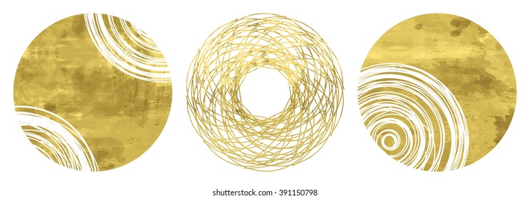 Set of 3 golden circles. Hand drawn isolated elements for graphic design. Vector illustration.Art frames or banner. Editable template. Festive shapes on  a white background.
