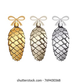Set of 3 golden, platinum, silver fir-cones with a bow. Christmas tree decorative elements. Vector Illustration