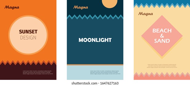 Set of 3 graphic minimal design templates for leaflet, banner, brochure or discount advertising. Conceptual styles for sunset, moonlight and beach. EPS, AI10