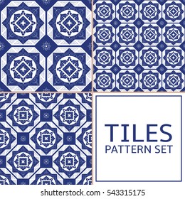 Set of 3 greek tile pattern vector seamless. Greece Santorini, moroccan, Azulejo portuguese tiles, or mexican talavera design. White and indigo blue tiled print for wrapping, background or ceramic.