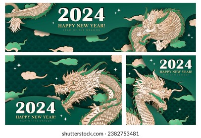 Set of 3 green web banners with hand drawn paper cut clouds, stars and golden Chinese dragon for 2024 New Year. Craft greeting cards in asian style. Christmas layered posters for Year of the dragon