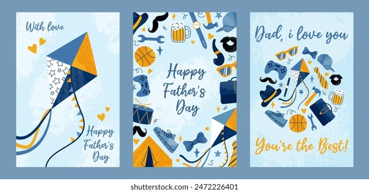 Set 3 greeting cards for Happy Father's Day. Contemporary design male accessories with grunge textured effect on blue backdrop. Drawing flat style. Layout for poster, cover, label