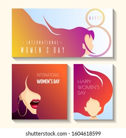 Set of 3 greeting cards for March 8-th, International Women's Day, beauty. Side and front views of women with long and flying hair. Vector illustration for poster, banner, postcard.