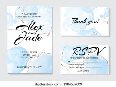 Set of 3 greeting watercolor templates: invitation wedding card, thank you and rspv card. Modern tender blue fluid ink with golden line decorative elements. Abstract drawing  design.