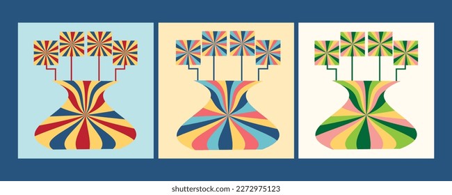 Set of 3 Groovy psychedelic vase illustrations design banner. Trippy hippie art background trendy 1970s design  and modern wall art