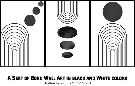Set of 3 grunge Boho geometric wall art prints in black and white colors, modern minimalist art print with geometric Minimal black line 