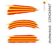 Set of 3 grunge textured flag of Catalonia, three versions of national country flag in brush strokes painted style. Vector flags.