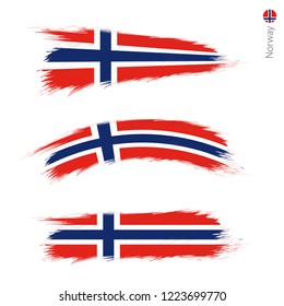 Set of 3 grunge textured flag of Norway, three versions of national country flag in brush strokes painted style. Vector flags.