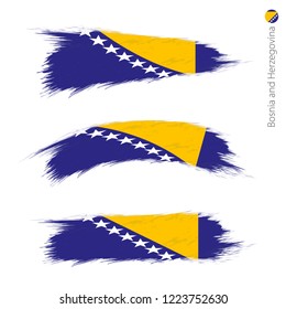Set of 3 grunge textured flag of Bosnia and Herzegovina, three versions of national country flag in brush strokes painted style. Vector flags.