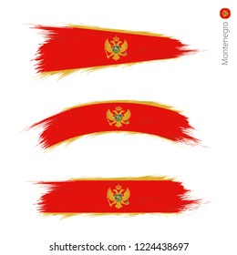Set of 3 grunge textured flag of Montenegro, three versions of national country flag in brush strokes painted style. Vector flags.