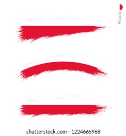 Set of 3 grunge textured flag of Poland, three versions of national country flag in brush strokes painted style. Vector flags.