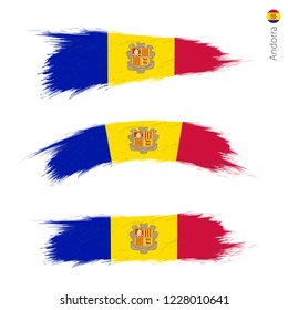 Set of 3 grunge textured flag of Andorra, three versions of national country flag in brush strokes painted style. Vector flags.