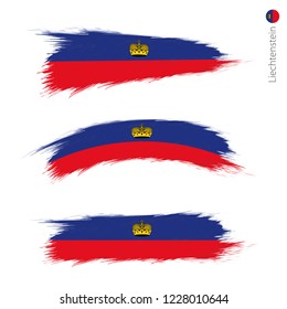 Set of 3 grunge textured flag of Liechtenstein, three versions of national country flag in brush strokes painted style. Vector flags.