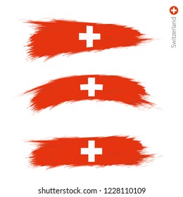 Set of 3 grunge textured flag of Switzerland, three versions of national country flag in brush strokes painted style. Vector flags.