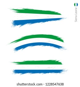 Set of 3 grunge textured flag of Sierra Leone, three versions of national country flag in brush strokes painted style. Vector flags.