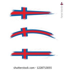 Set of 3 grunge textured flag of Faroe Islands, three versions of national country flag in brush strokes painted style. Vector flags.