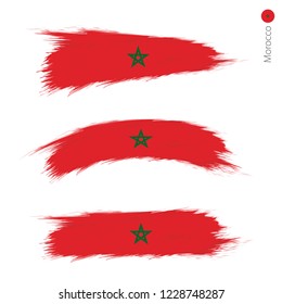 Set of 3 grunge textured flag of Morocco, three versions of national country flag in brush strokes painted style. Vector flags.