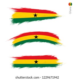 Set of 3 grunge textured flag of Ghana, three versions of national country flag in brush strokes painted style. Vector flags.