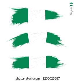 Set of 3 grunge textured flag of Nigeria, three versions of national country flag in brush strokes painted style. Vector flags.