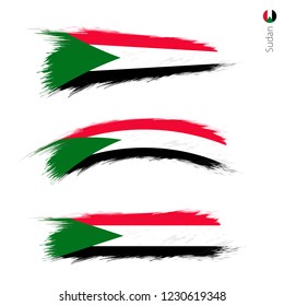 Set of 3 grunge textured flag of Sudan, three versions of national country flag in brush strokes painted style. Vector flags.