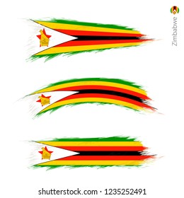 Set of 3 grunge textured flag of Zimbabwe, three versions of national country flag in brush strokes painted style. Vector flags.