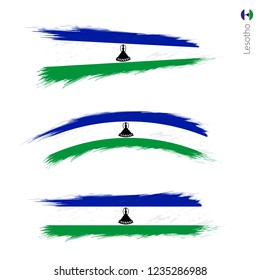 Set of 3 grunge textured flag of Lesotho, three versions of national country flag in brush strokes painted style. Vector flags.