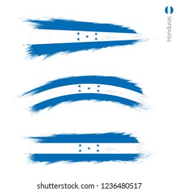 Set of 3 grunge textured flag of Honduras, three versions of national country flag in brush strokes painted style. Vector flags.