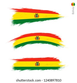 Set of 3 grunge textured flag of Bolivia, three versions of national country flag in brush strokes painted style. Vector flags.