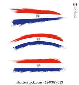 Set of 3 grunge textured flag of Paraguay, three versions of national country flag in brush strokes painted style. Vector flags.